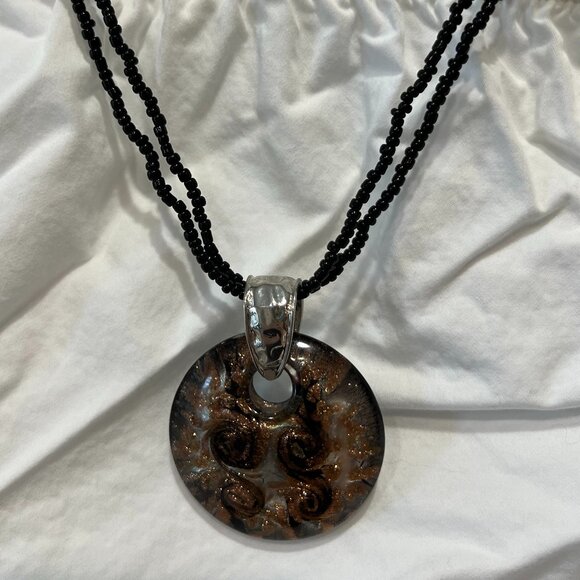 Fancy Black beaded Necklace with large Black/Gold/Silver designed pendant - Picture 1 of 4